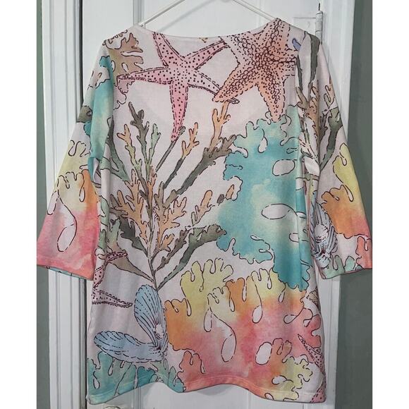 Soft Surroundings Cerina Coral Reef 3/4 Sleeve Pullover Top With Side Slits - Picture 3 of 5